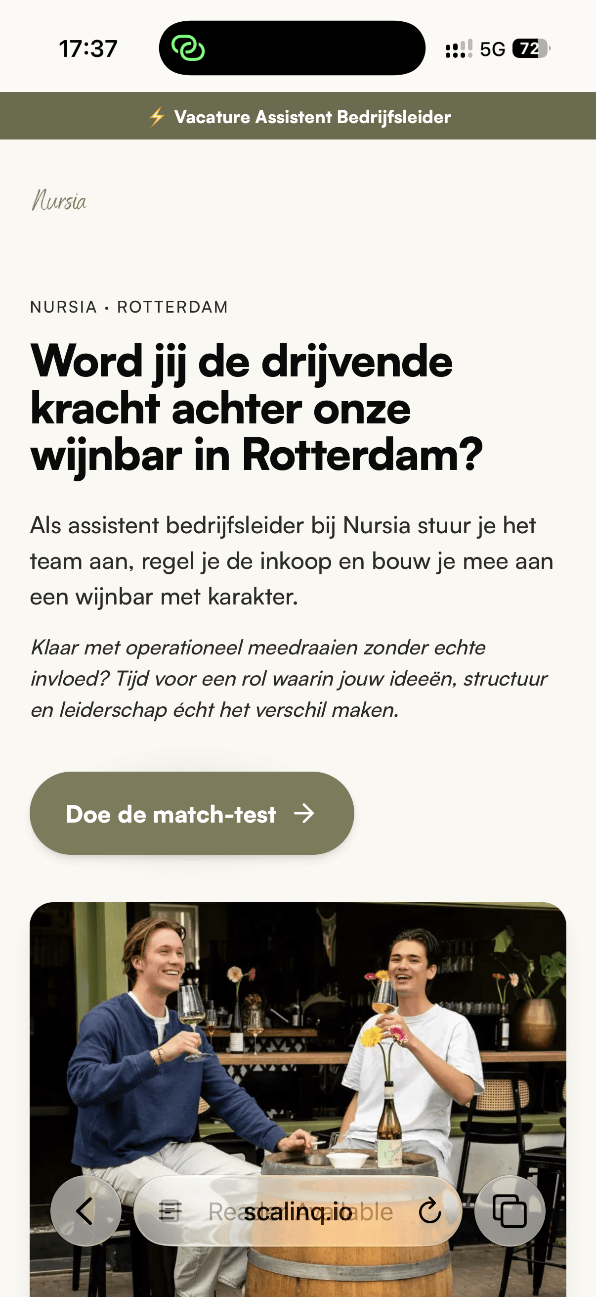 Match-score van een sollicitant in het SCALINQ-portal, op een telefoon