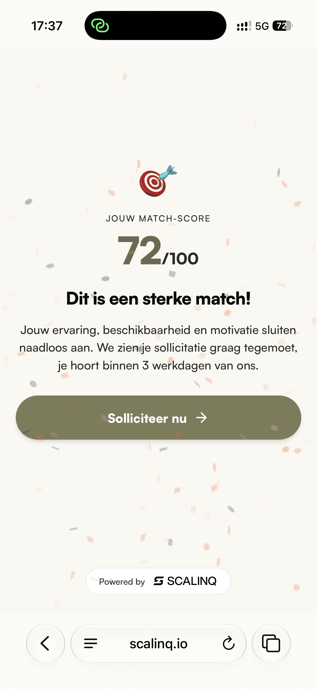 Vacaturepagina op een telefoon, met match-test